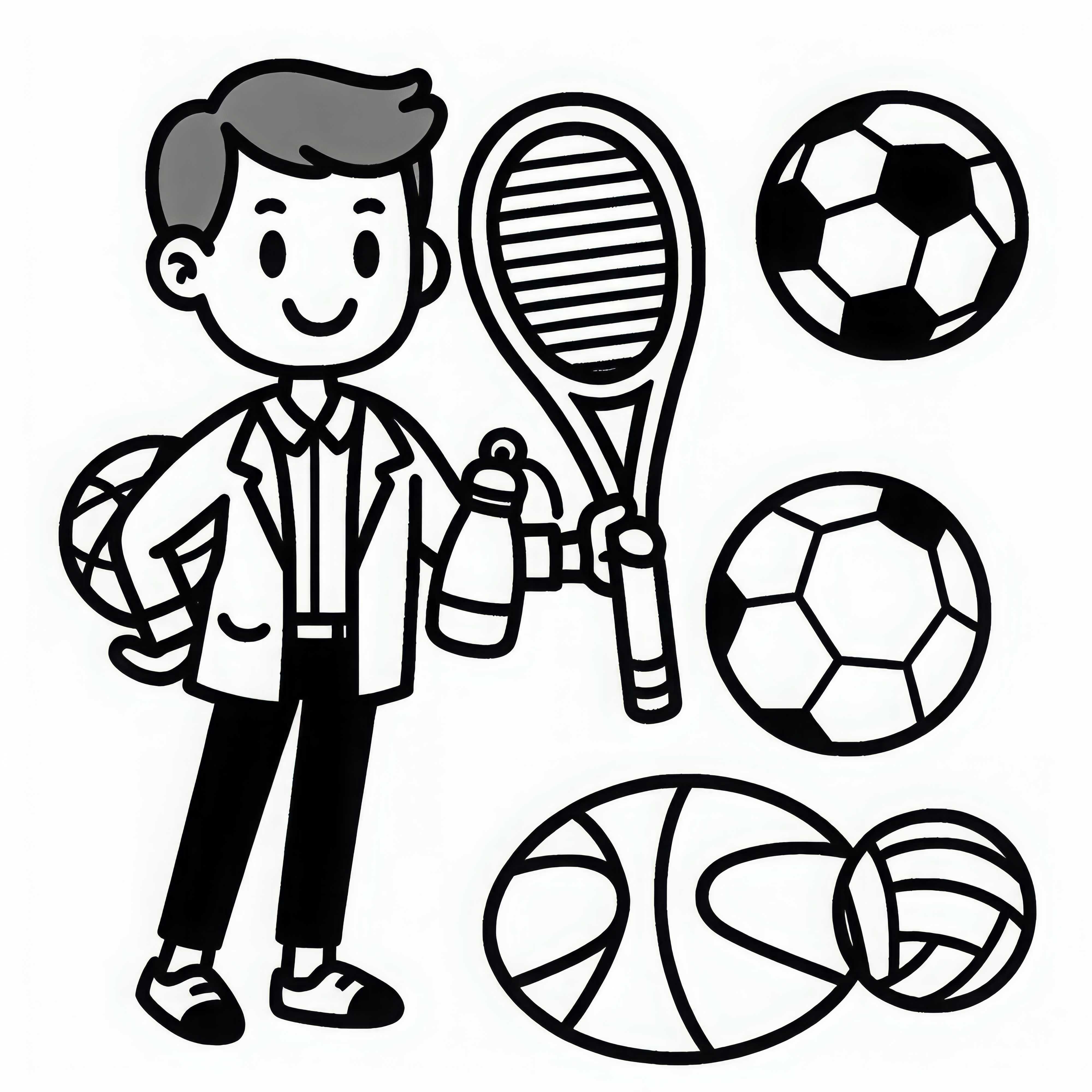 Sportlehrer mit verschiedenen Bällen – Ausmalbild einfach und gratis
