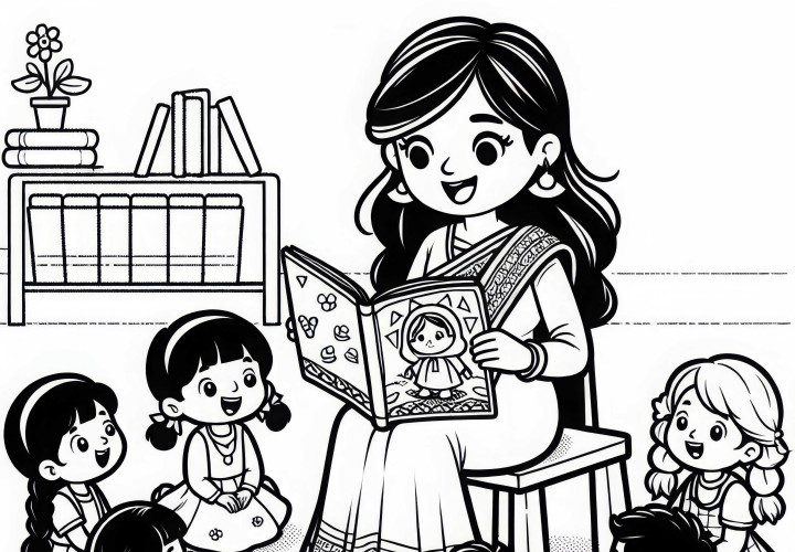 L'insegnante d'asilo legge ai bambini una storia - Disegno da colorare gratis