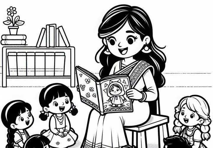 Vuggestuepædagog læser historie for børn – Gratis malebillede