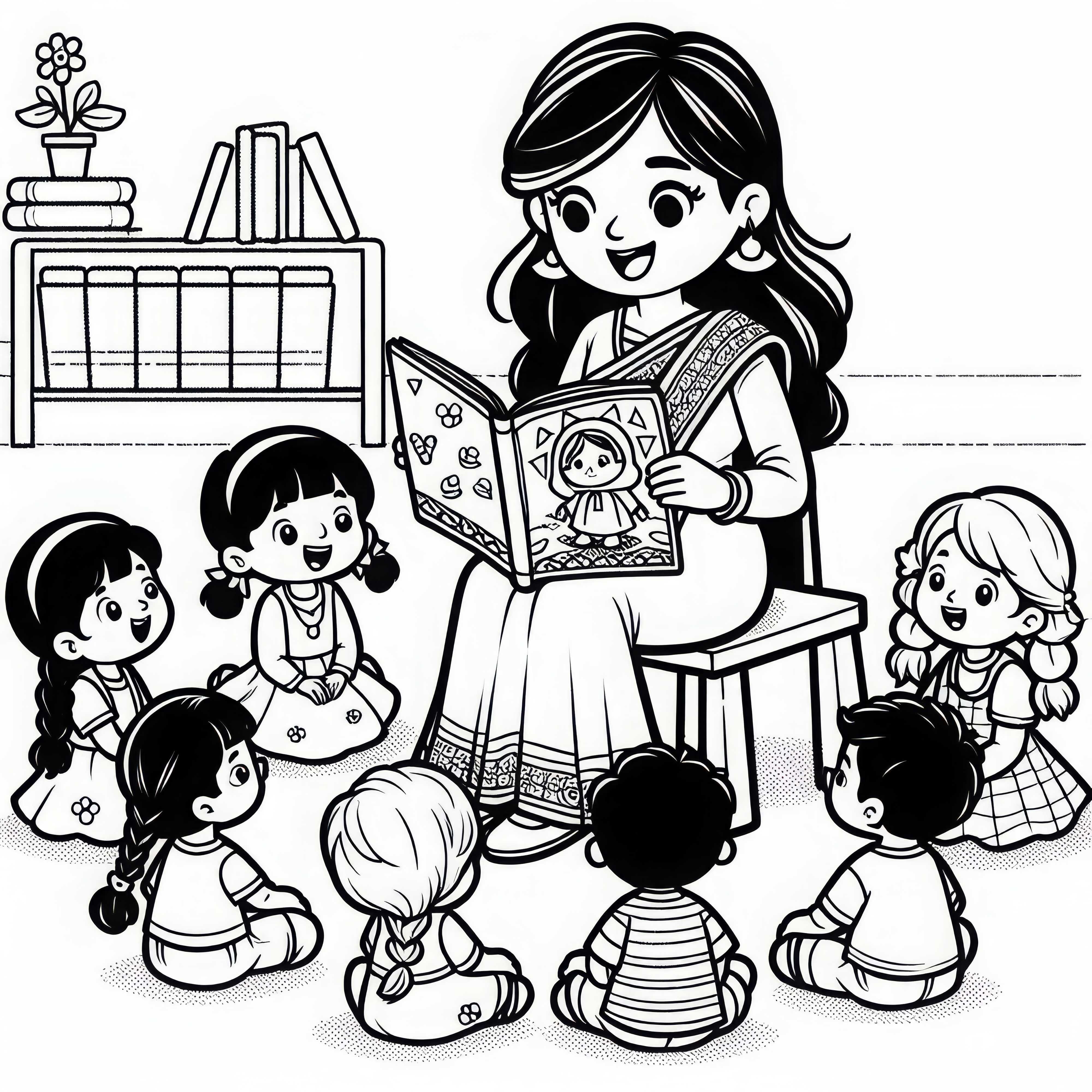 L'educatrice legge ai bambini una storia - Disegno da colorare gratuito
