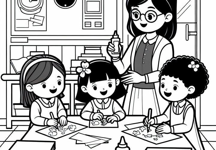 L'educatrice dell'asilo fa lavoretti con i bambini – Modello da colorare gratuito