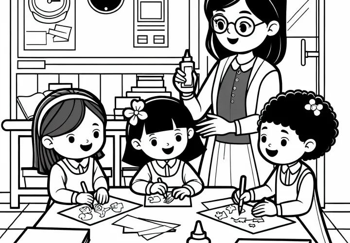 Børnehavepædagog laver aktiviteter med børn – gratis farvelægningsskabelon