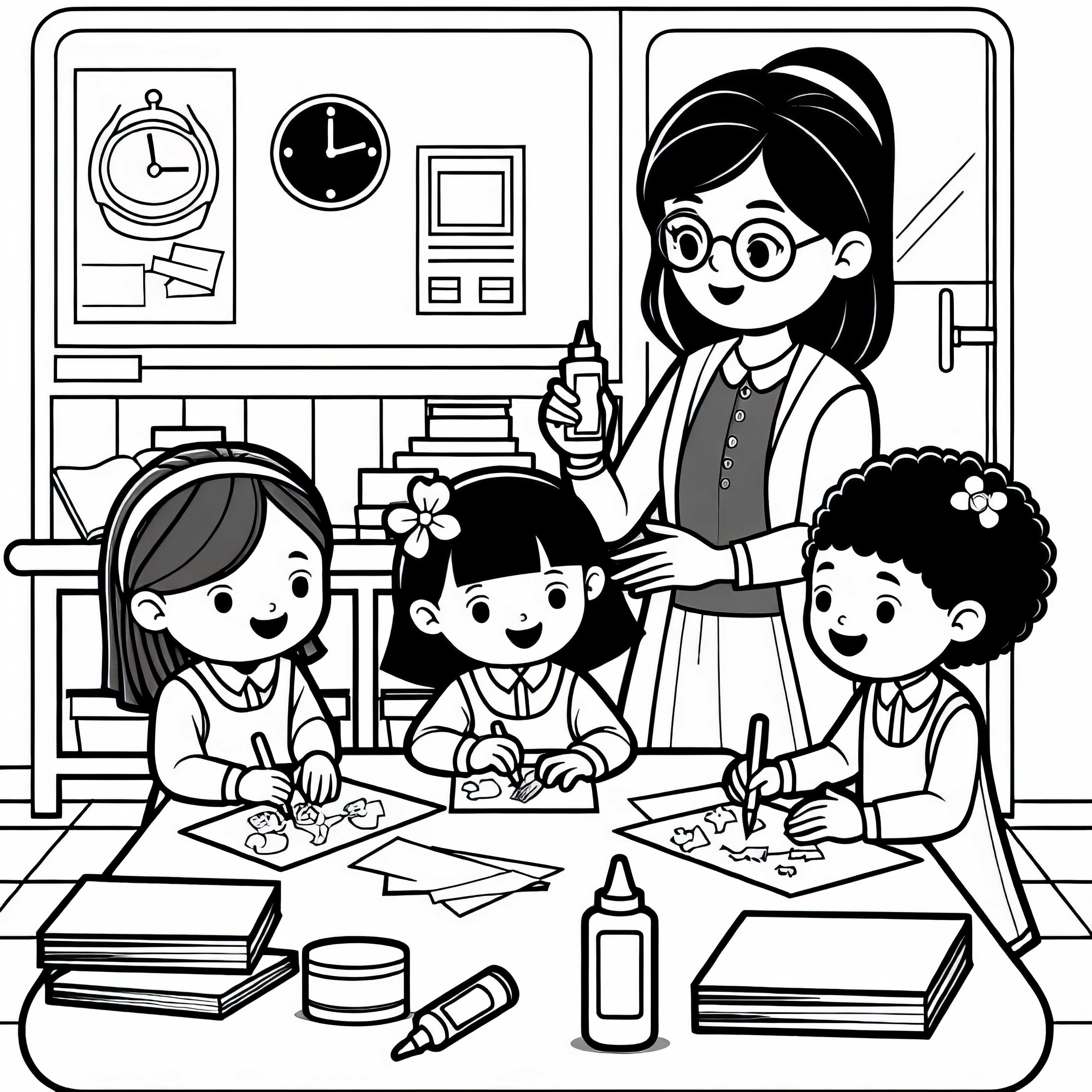 L'educatrice dell'asilo crea con i bambini - Modello da colorare gratuito