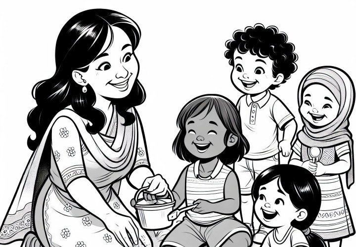 L'educatrice dell'asilo gioca con i bambini nella sabbiera - Immagine da colorare gratuita