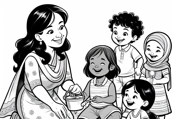 Børnehavepædagog leger med børnene i sandkassen - Malebillede gratis