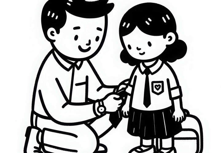 L'educatore d'asilo aiuta il bambino a vestirsi – Disegno da colorare semplice e gratuito