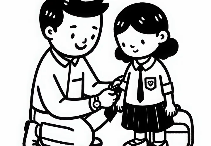 Førskolelærer hjælper barn med at tage tøj på – Malebillede nemt og gratis