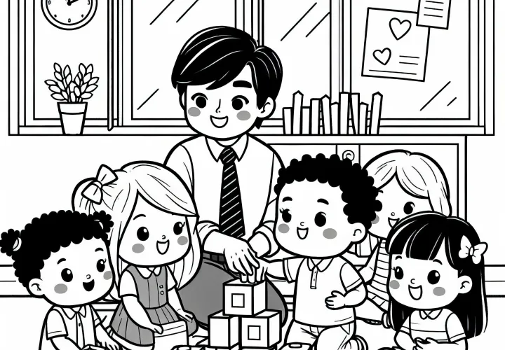 Børnehaveleder bygger klodser med en gruppe - gratis malebog