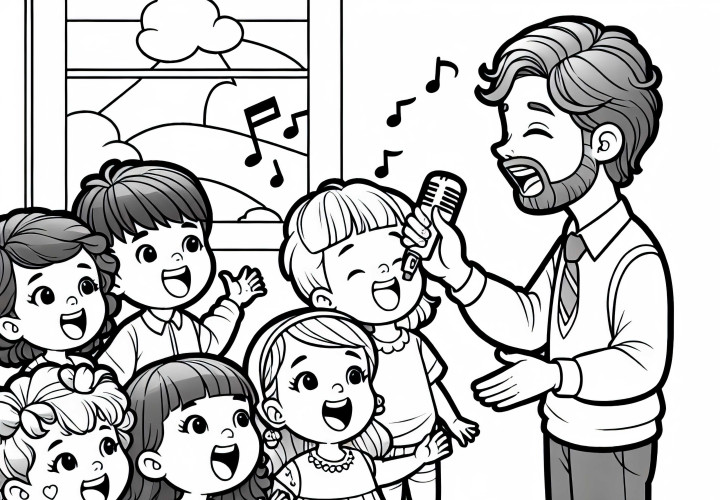 L'insegnante d'asilo canta una canzone con i bambini - Immagine da colorare gratuita