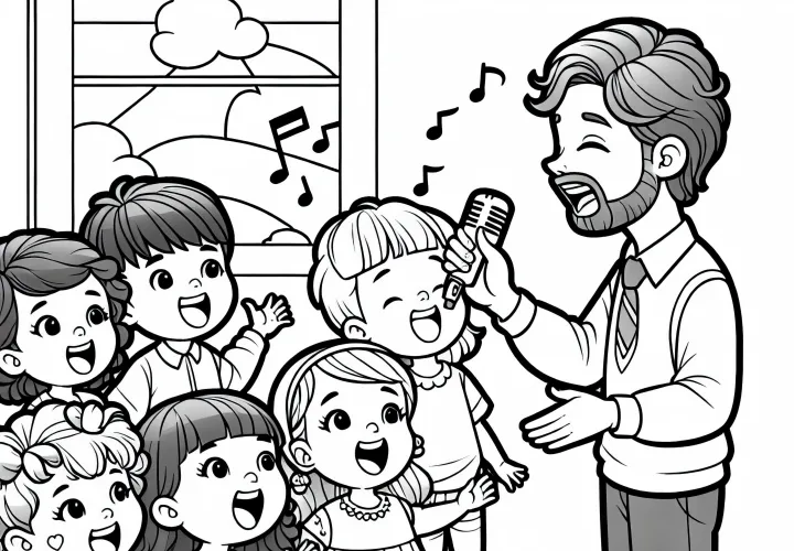 Børnehavepædagog synger sang med børn – Malebillede gratis