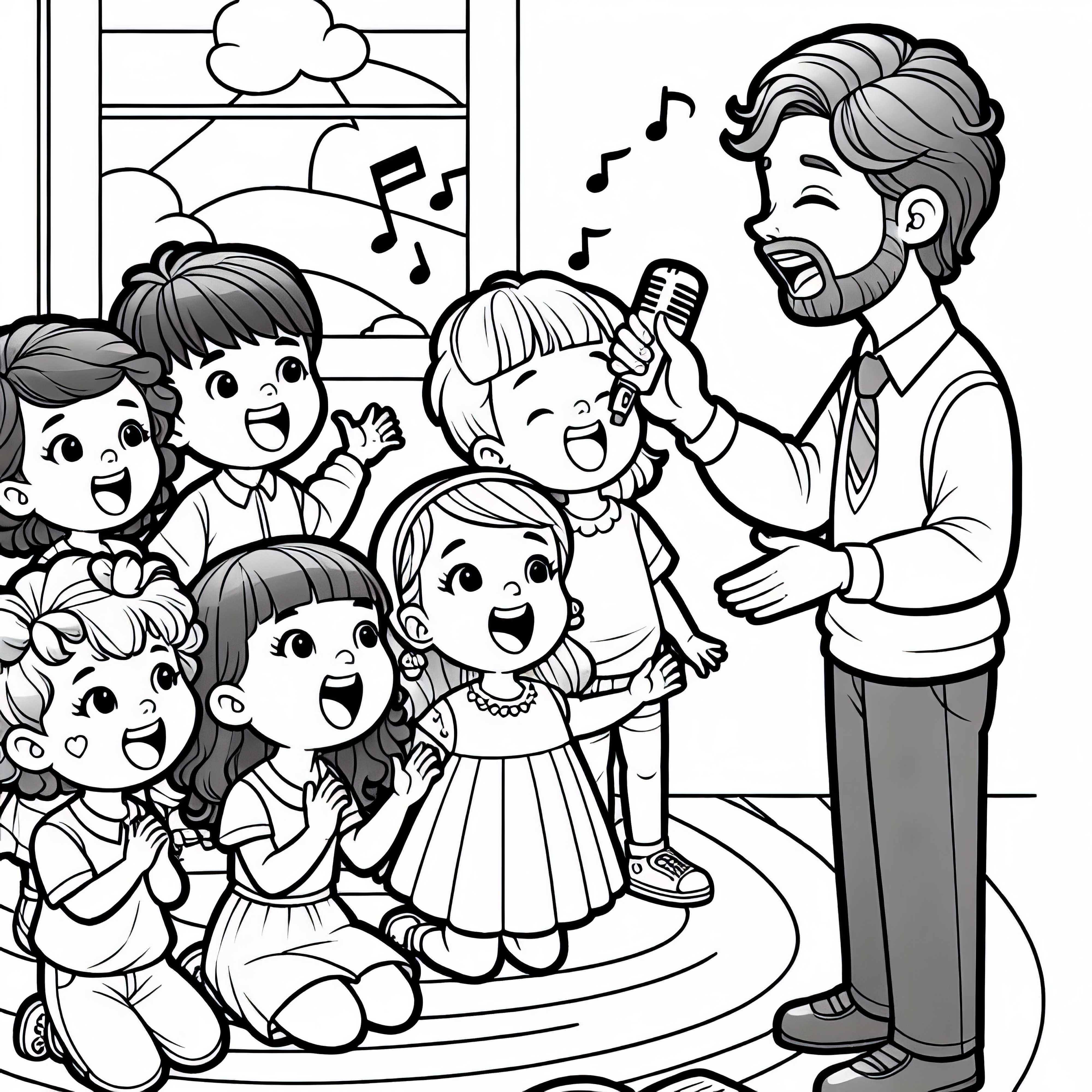 L'insegnante d'asilo canta una canzone con i bambini - Disegno da colorare gratuito