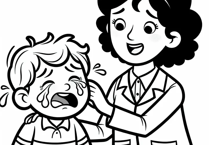 Børnehavepædagog trøster grædende barn – gratis tegneskabelon