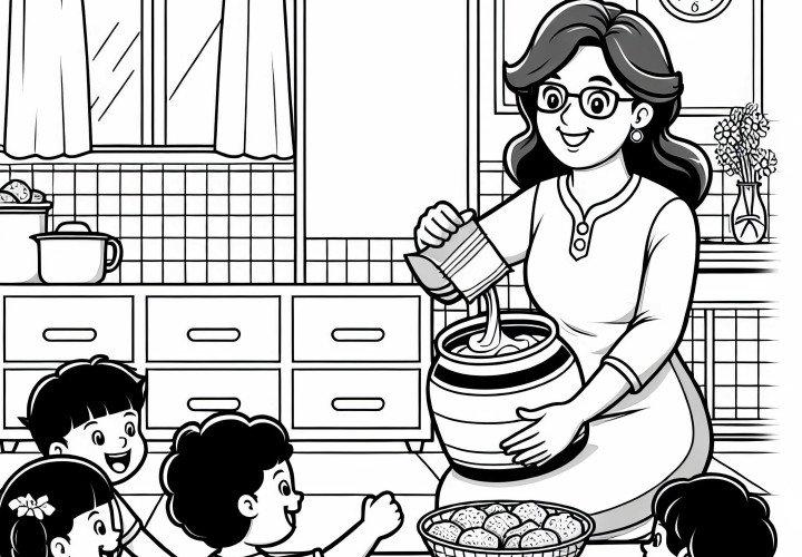 Un'educatrice dell'asilo prepara uno spuntino per i bambini - Modello da colorare gratuito