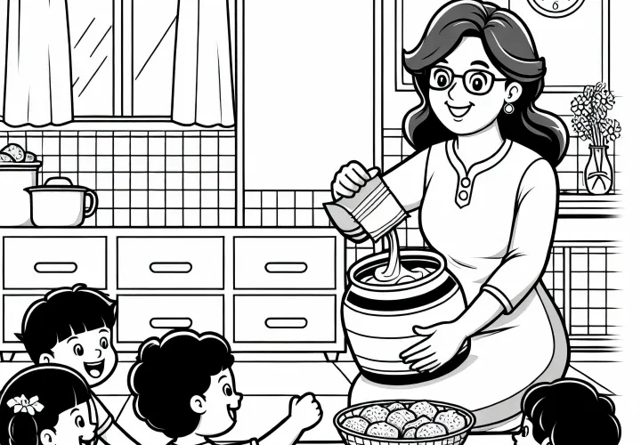 En børnehavepædagog forbereder en snack til børnene - gratis farvelægningsskabelon