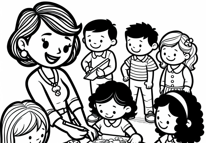 L'insegnante d'asilo supervisiona i bambini mentre dipingono – Disegno da colorare gratis
