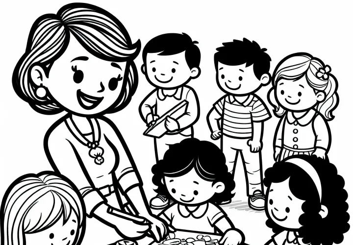 En pædagog overvåger børn, mens de maler – gratis malebillede