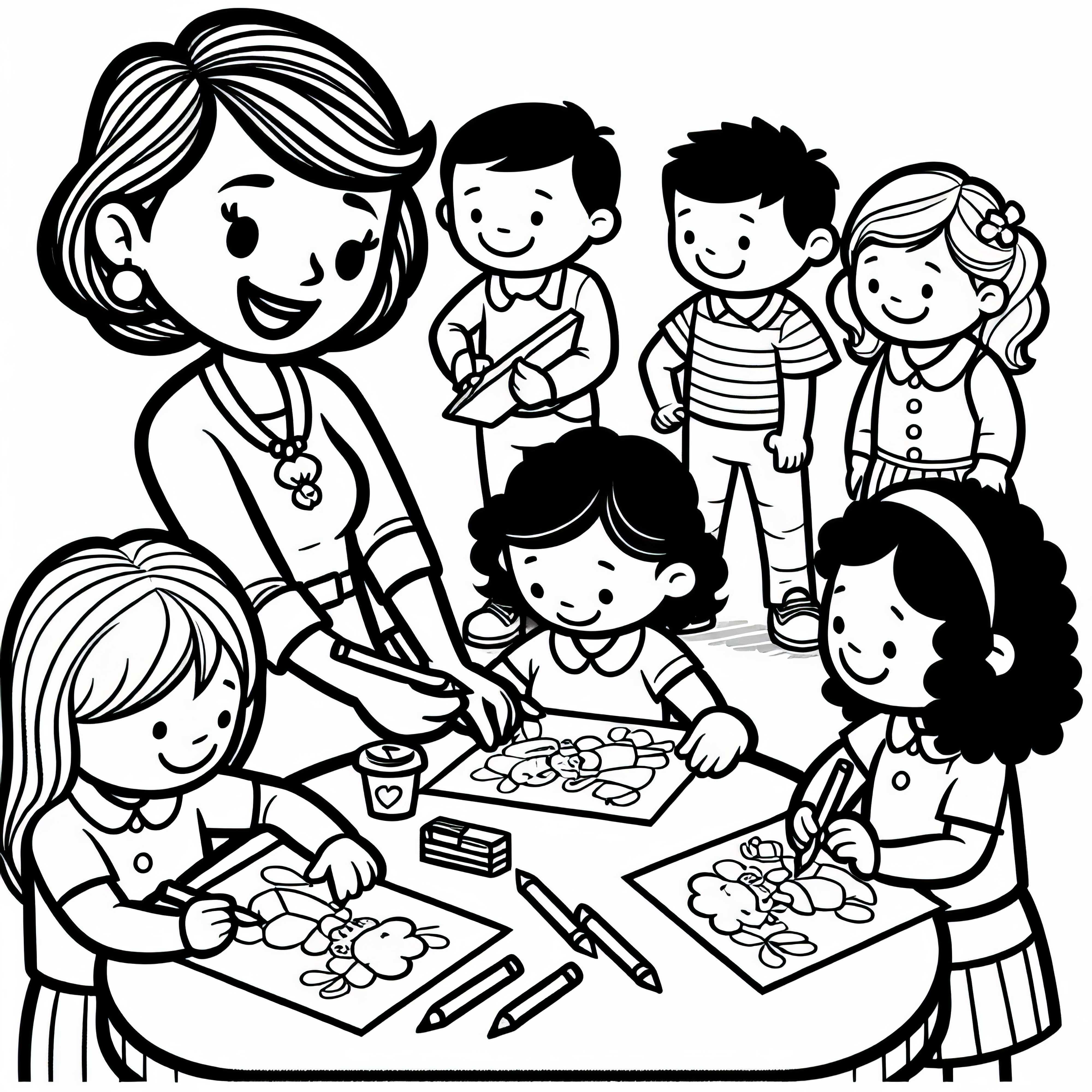 La maestra d'asilo supervisiona i bambini mentre colorano - Immagine da colorare gratuita