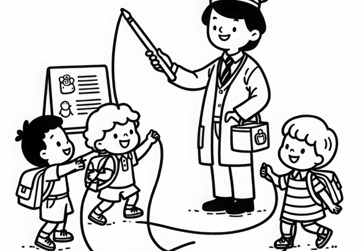 Bambini che giocano con l'educatrice dell'asilo - Disegno da colorare semplice e gratuito