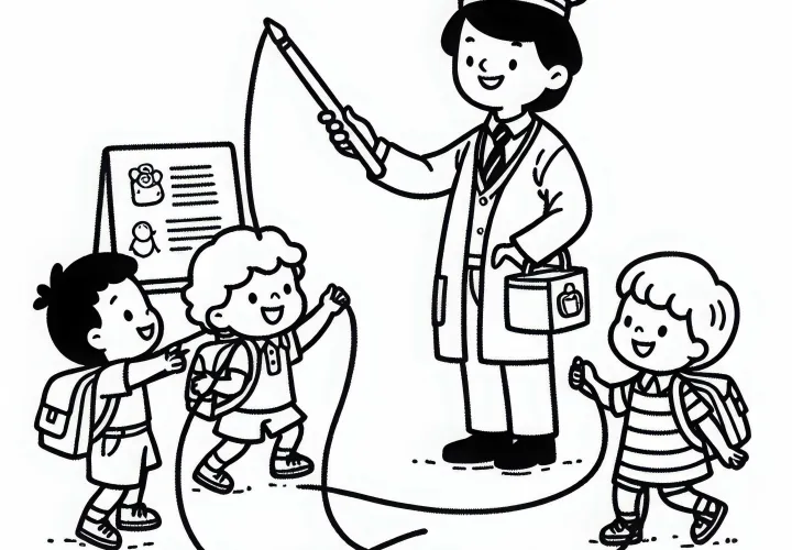 Børn leger med pædagogen – Malebillede enkelt gratis