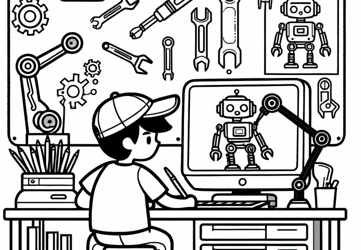 Roboterentwickler konstruiert Robotermodell am Computer – Malvorlage gratis Roboterentwickler konstruiert Robotermodell am Computer – Malvorlage gratis