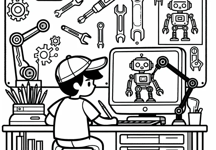 Robot udvikler konstruerer robotmodel på computeren – Maleblanket gratis