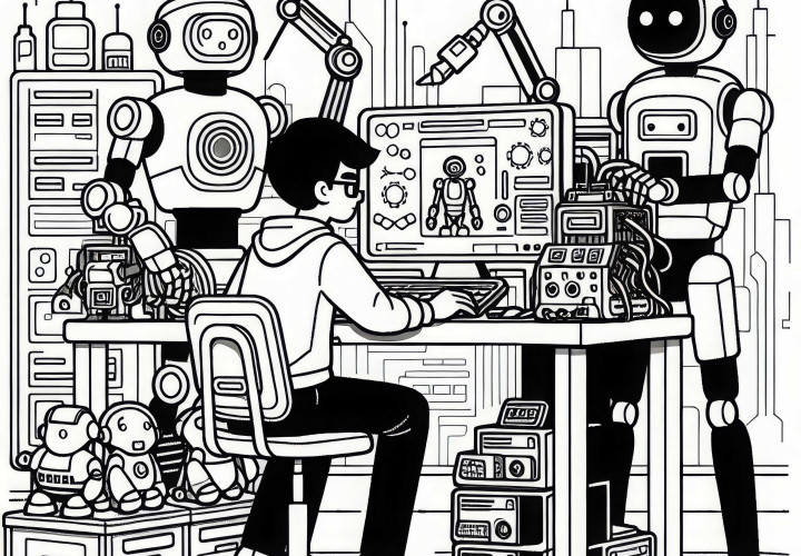 Roboterentwickler programmiert Roboter – Ausmalbild kostenlos Roboterentwickler programmiert Roboter – Ausmalbild kostenlos
