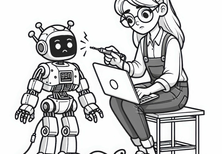 Roboterentwicklerin repariert defekten Roboter – Malvorlage gratis Roboterentwicklerin repariert defekten Roboter – Malvorlage gratis