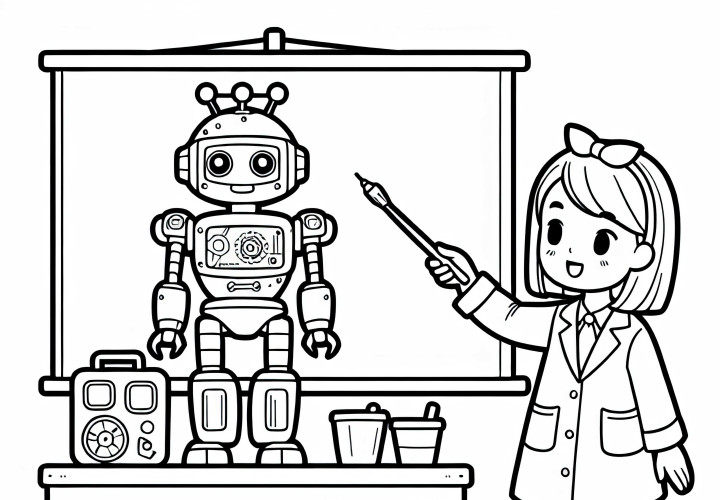 Roboterentwicklerin führt Präsentation eines Roboters durch – Malvorlage gratis Roboterentwicklerin führt Präsentation eines Roboters durch – Malvorlage gratis