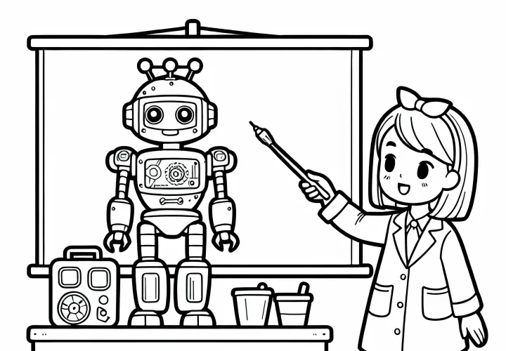 Robotudvikler præsenterer en robot - Gratis farvelægningsskabelon