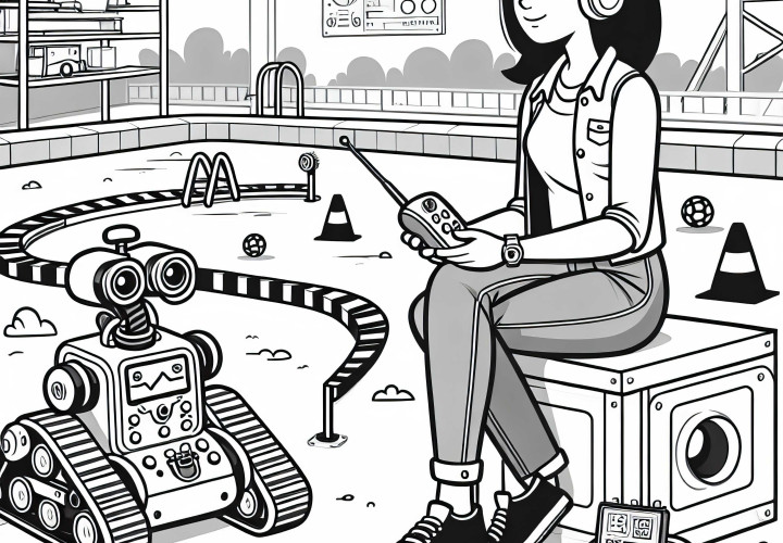 Roboterentwicklerin testet autonomen Roboter auf Teststrecke – Malvorlage gratis Roboterentwicklerin testet autonomen Roboter auf Teststrecke – Malvorlage gratis