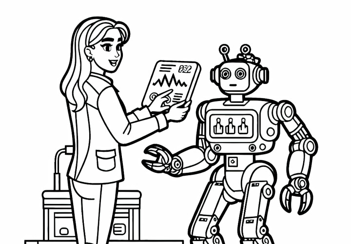 Roboterentwicklerin kontrolliert die Energieleistung des Roboters - Malvorlage gratis Roboterentwicklerin kontrolliert die Energieleistung des Roboters - Malvorlage gratis