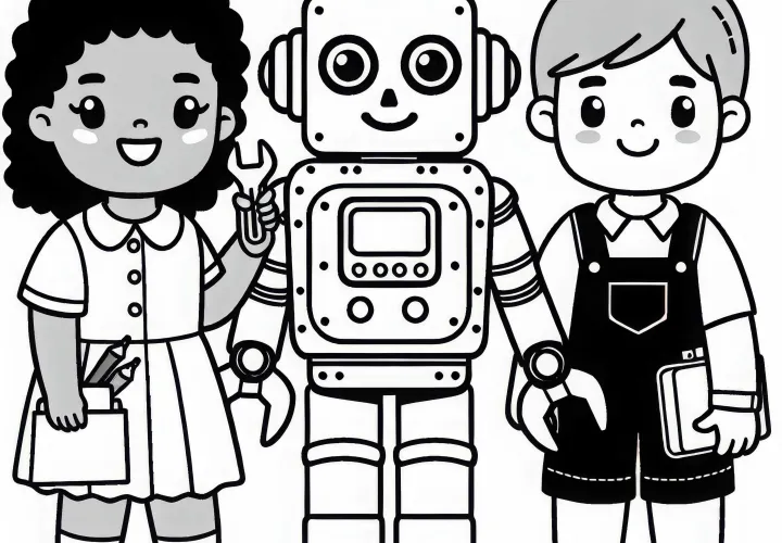 Børn som robotudviklere farvelægningsskabelon simpel gratis