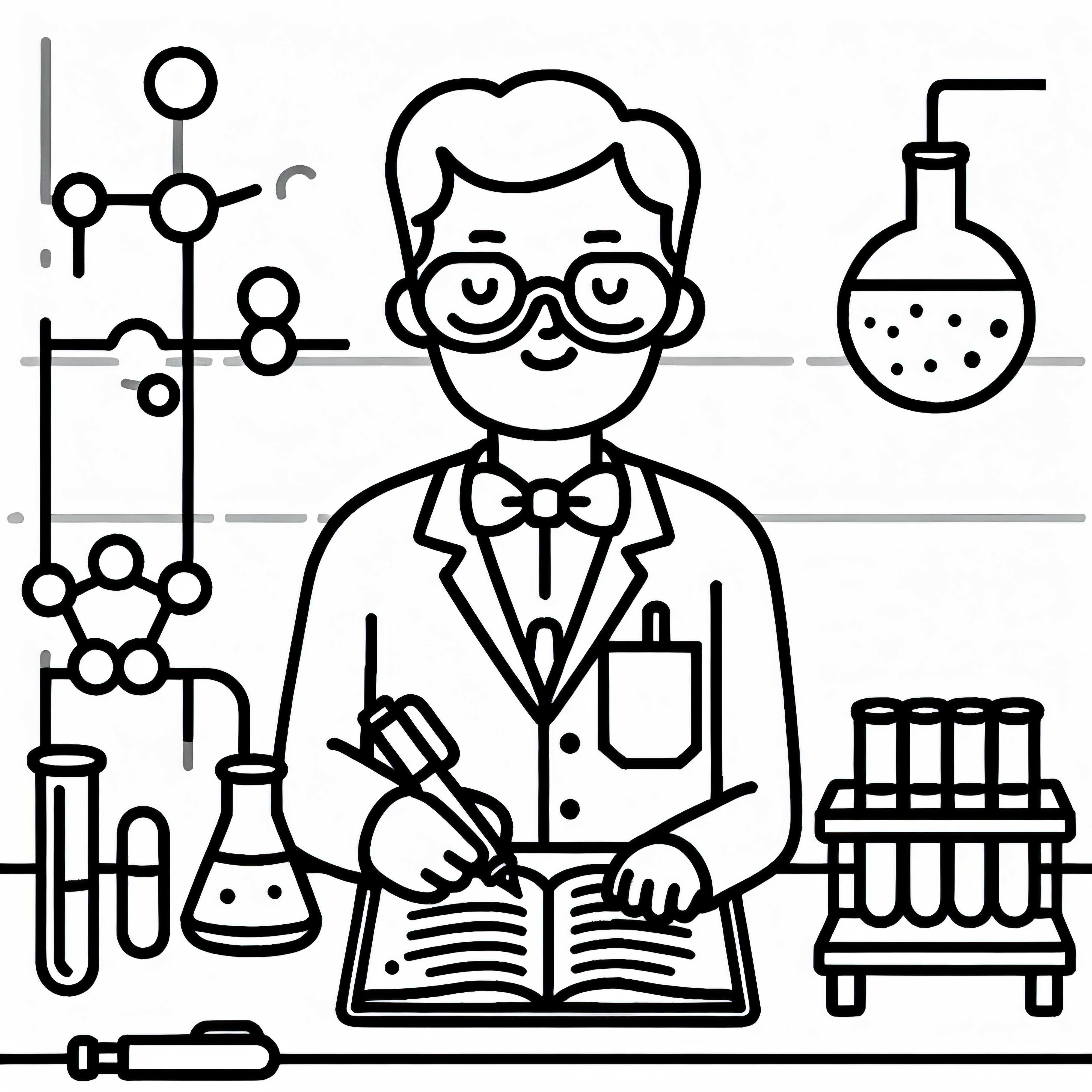 El químico anota resultados en el diario de laboratorio - Plantilla para colorear gratis
