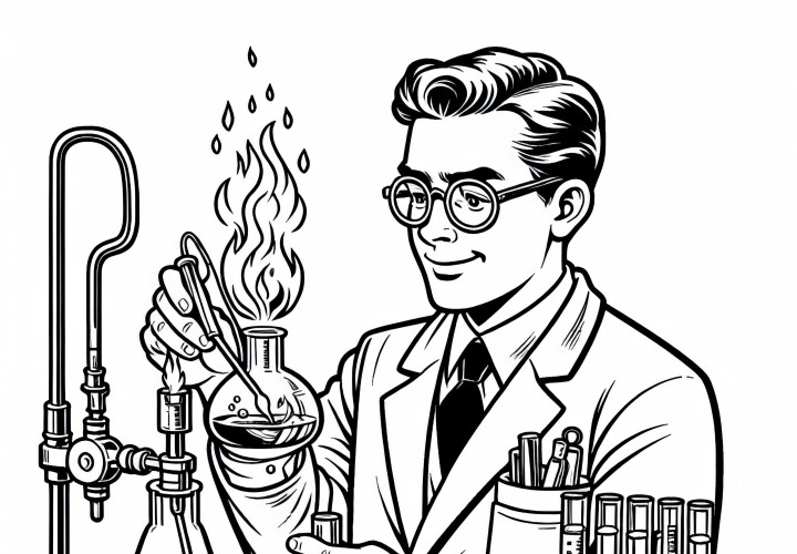 Químico realiza experimento con mecheros Bunsen – Dibujo para colorear gratis