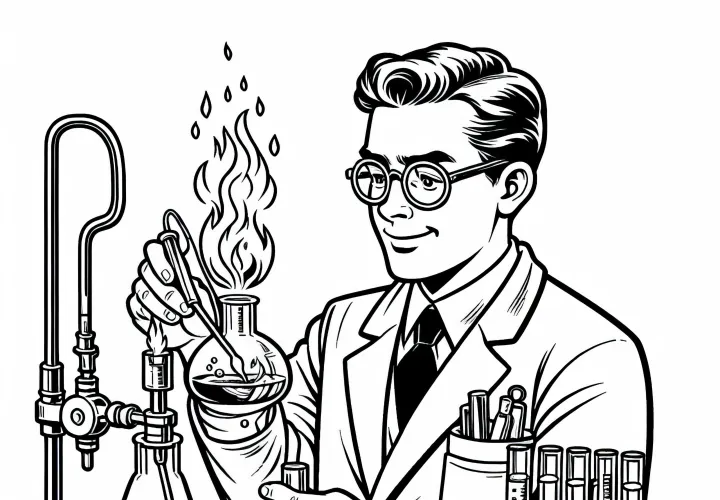 Chemiker führt Experiment mit Bunsenbrenner durch – Ausmalbild kostenlos