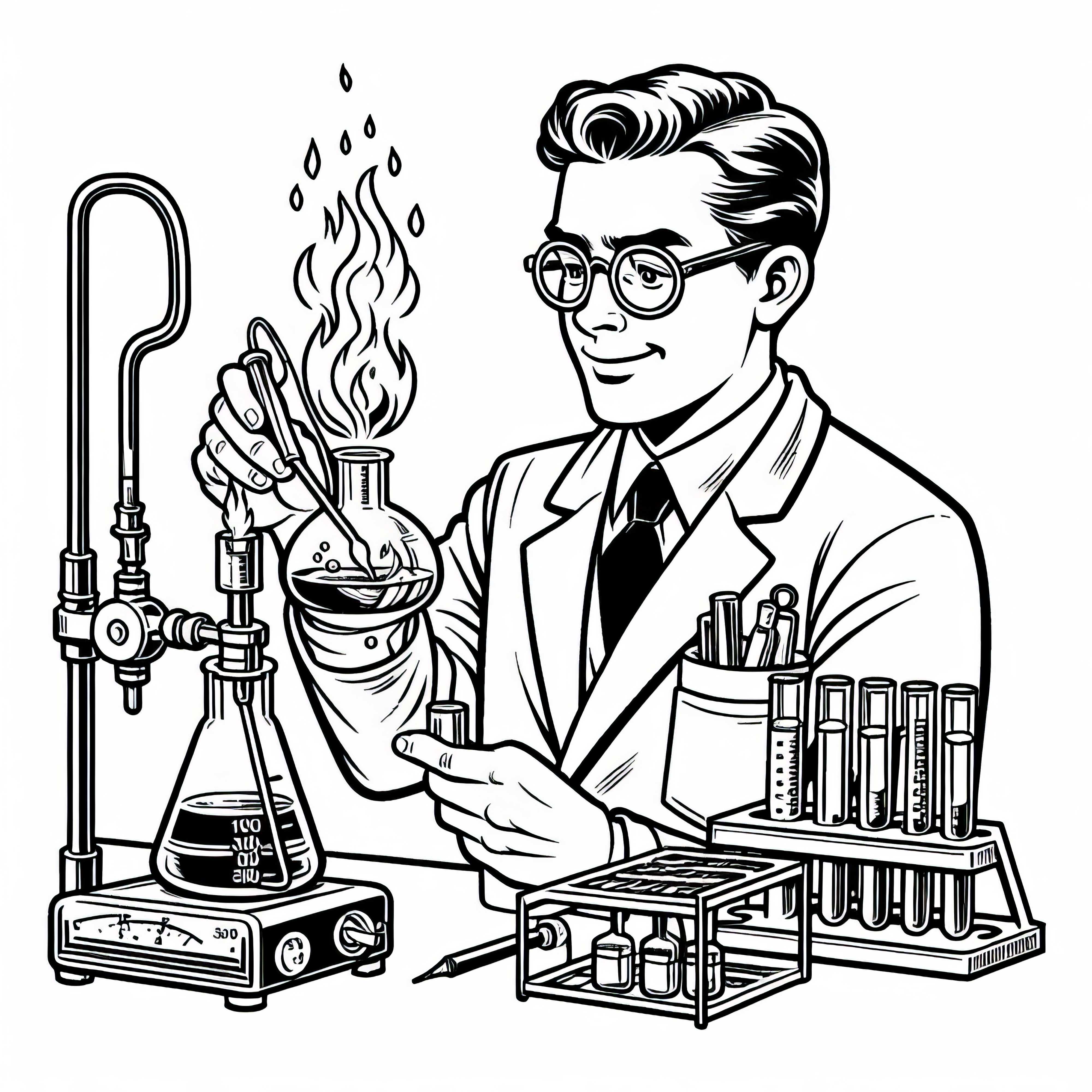 Químico realiza un experimento con un mechero Bunsen - Dibujo para colorear gratuito