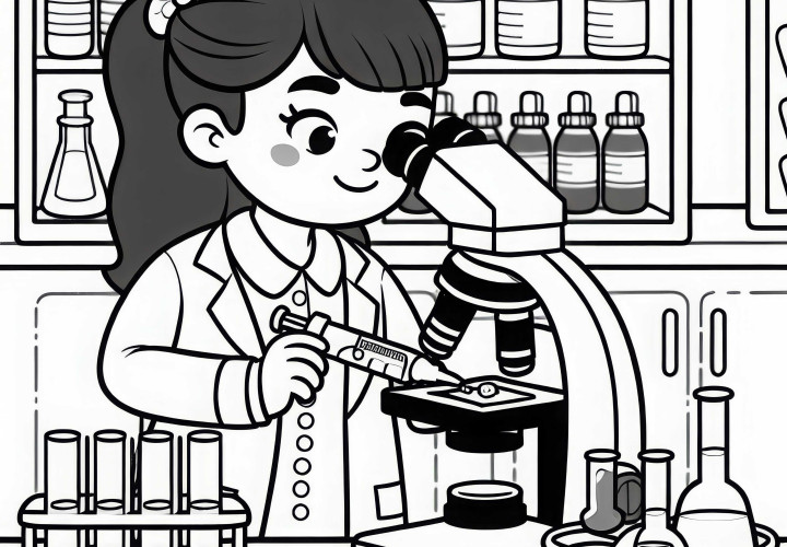 Química analiza muestras bajo el microscopio - Dibujo para colorear gratis