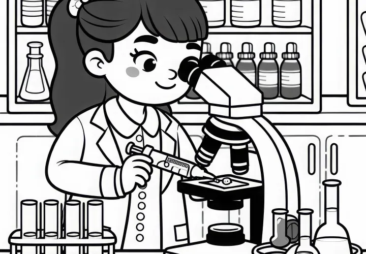 Chemikerin analysiert Proben unter Mikroskop – Ausmalbild kostenlos