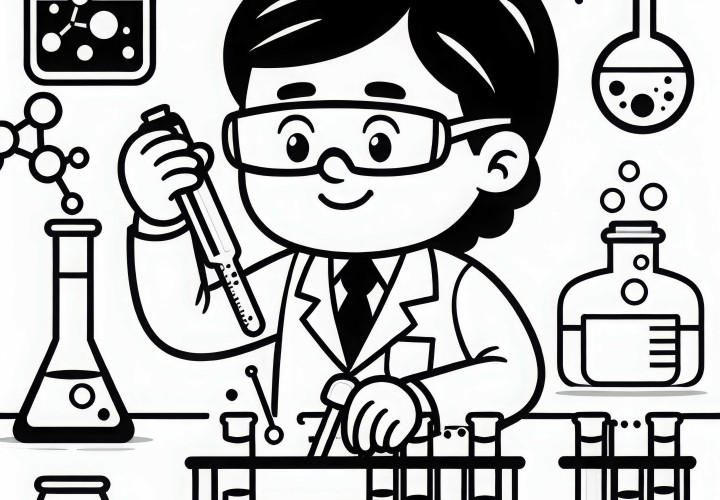 Químico trabaja con tubos de ensayo en una reacción química - Plantilla para colorear gratis