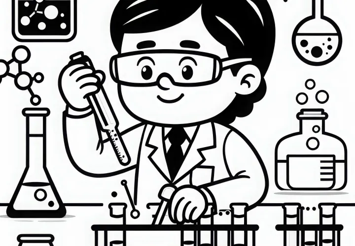 Chemiker arbeitet mit Reagenzgläsern an chemischer Reaktion – Malvorlage kostenlos