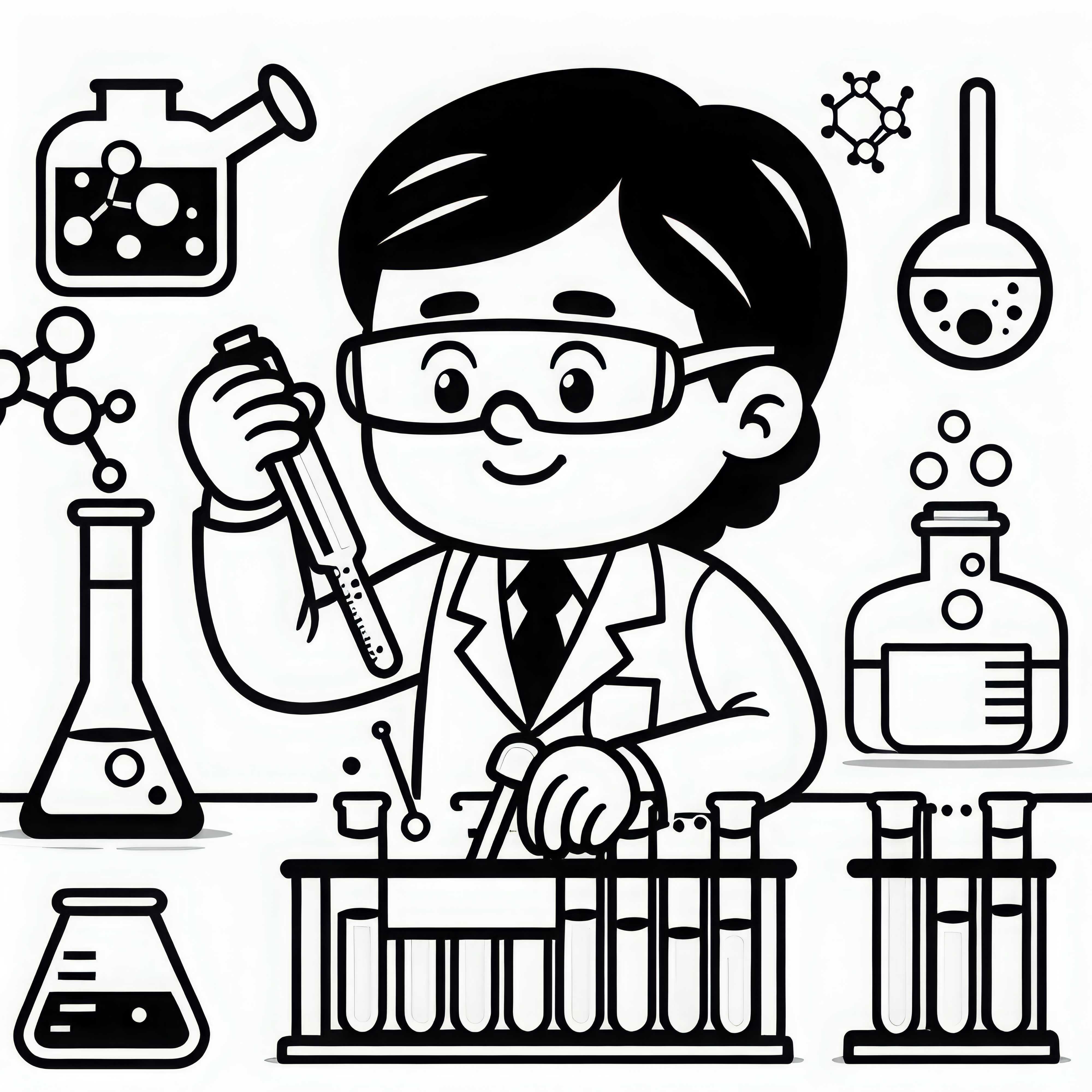 El químico trabaja con tubos de ensayo en una reacción química - plantilla para colorear gratis