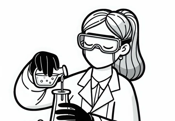Chemikerin neutralisiert Säure mit Base – Ausmalbild kostenlos downloaden