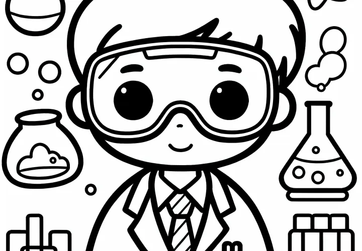 Schutzbrille und Laborkittel eines Chemikers – Ausmalbild einfach kostenlos