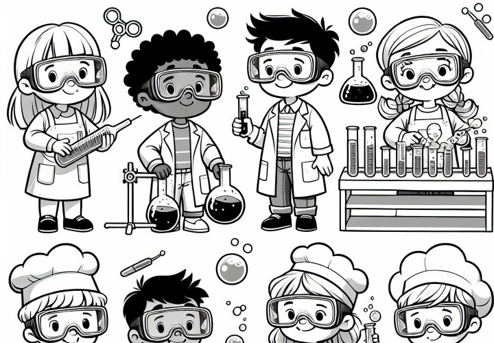 Niños juegan química plantilla para colorear gratis
