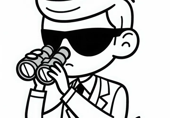 Ein Spion beobachtet durch das Fernglas eine Zielperson – Ausmalbild gratis