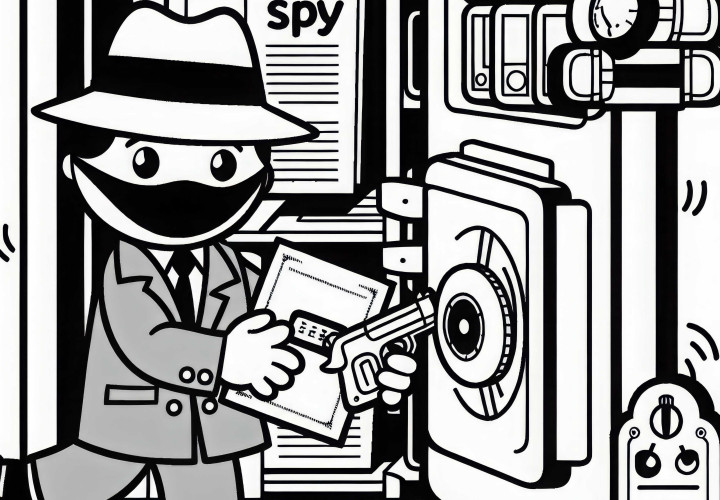 Spion nimmt geheime Dokumente aus Safe – Ausmalbild kostenlos Spion nimmt geheime Dokumente aus Safe – Ausmalbild kostenlos