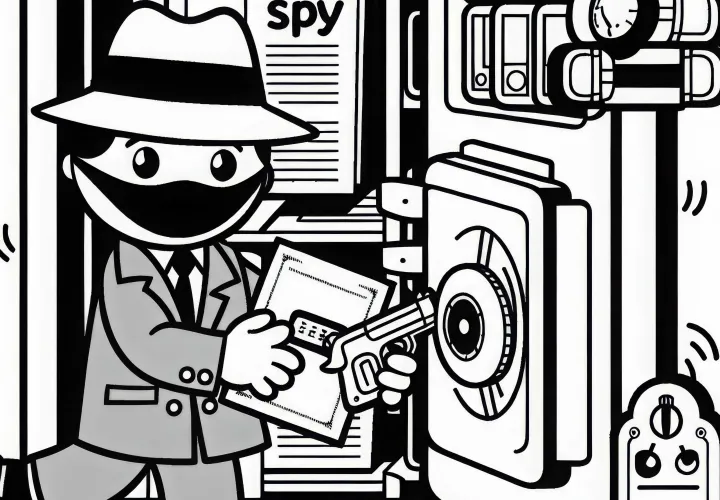 Spion nimmt geheime Dokumente aus Safe – Ausmalbild kostenlos