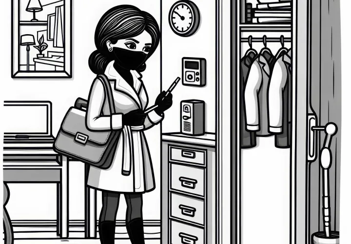 Spionin versteckt Mikrofon in einem Raum - Malvorlage kostenlos