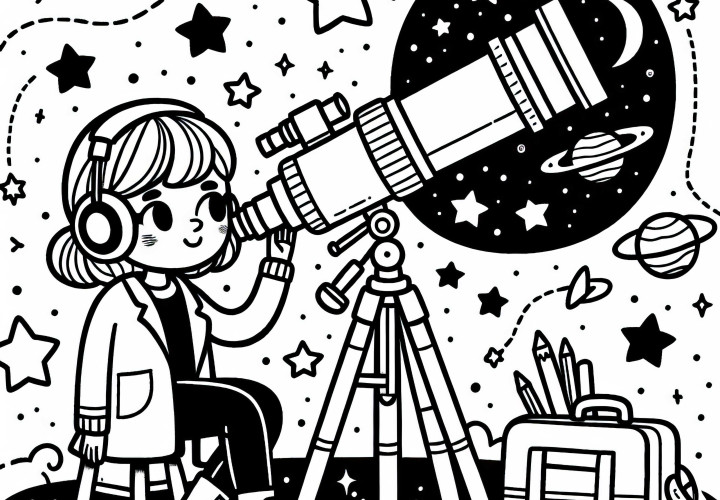 Astronomin beobachtet Sterne durch Teleskop - Ausmalbild einfach gratis Astronomin beobachtet Sterne durch Teleskop - Ausmalbild einfach gratis