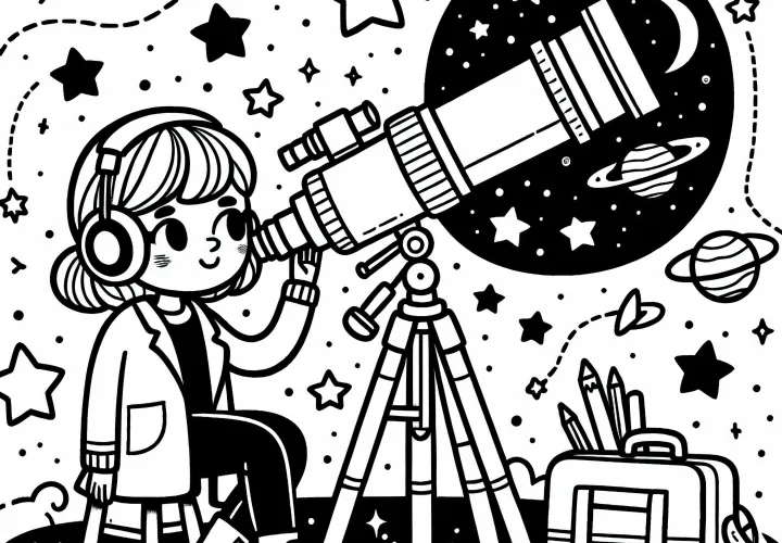 Astronomin beobachtet Sterne durch Teleskop - Ausmalbild einfach gratis